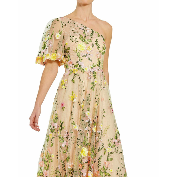 Mac Duggal NEW Yellow Floral One Shoulder Lace Embroidered Midi Dress - Size 10 - Picture 5 of 15